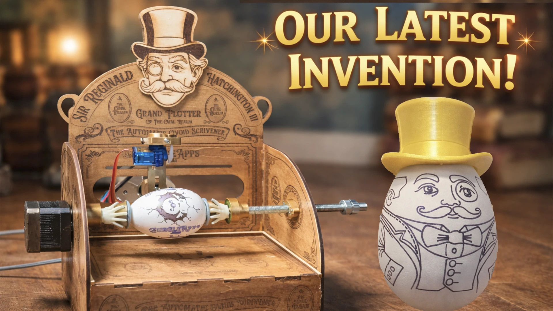 Victorian Invention of a machine that draws on eggs, with an egg to the right that has a body and face drawn on it like a victorian inventor.