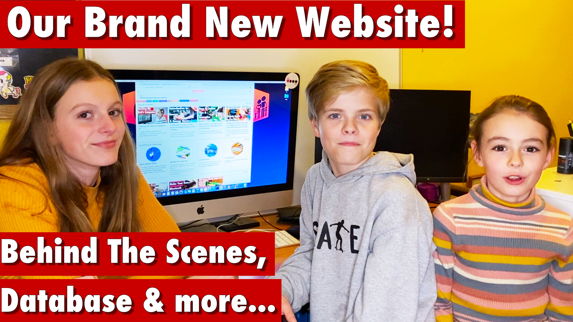 3 kids in front of a monitor showing gurgleapps.com website