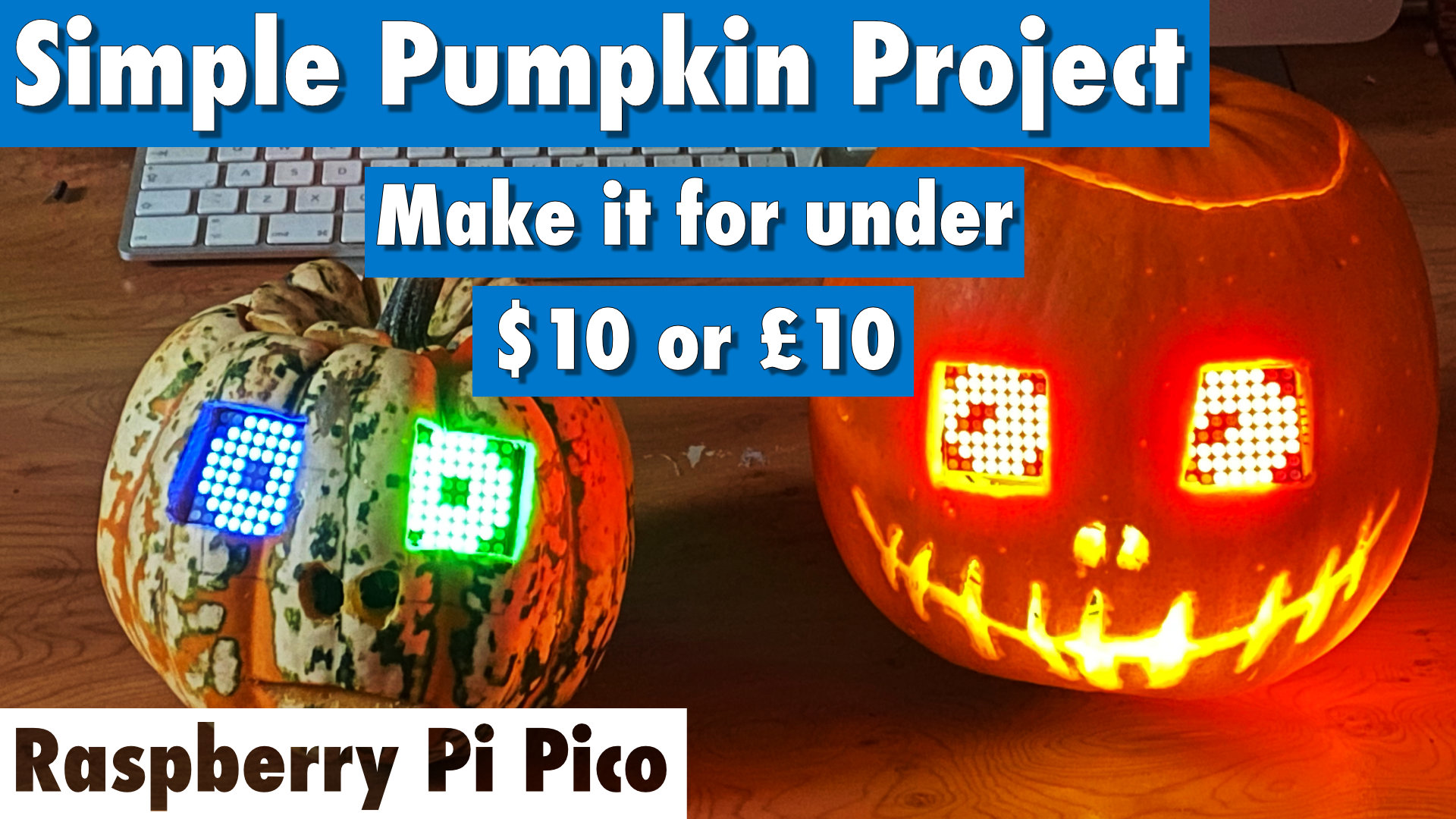 two pumpkins with 8x8 matrix pico pumpkin eyes